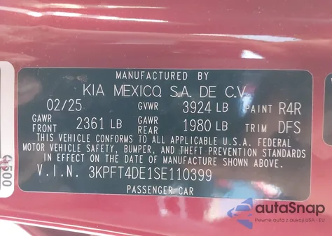 2025 Kia K4 Lxs из США, поврежденный, VIN 3KPFT4DE1SE110399